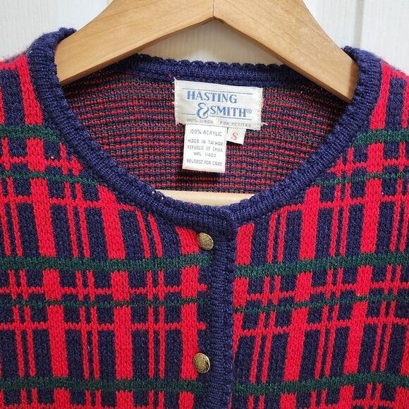 Hasting & Smith Sweater Women SP Red Plaid Knit Cardigan Button Pockets Long Slv - Picture 3 of 9